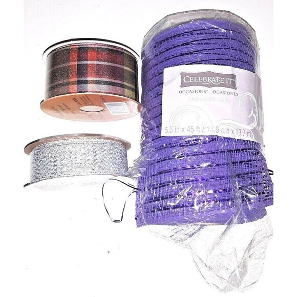 Celebrate It, Harvest Home Collection, and Offray Other - Ribbon Purple Mesh Plaid Red Plaid Silver Sparkle Gifts Crafting Holiday Unused